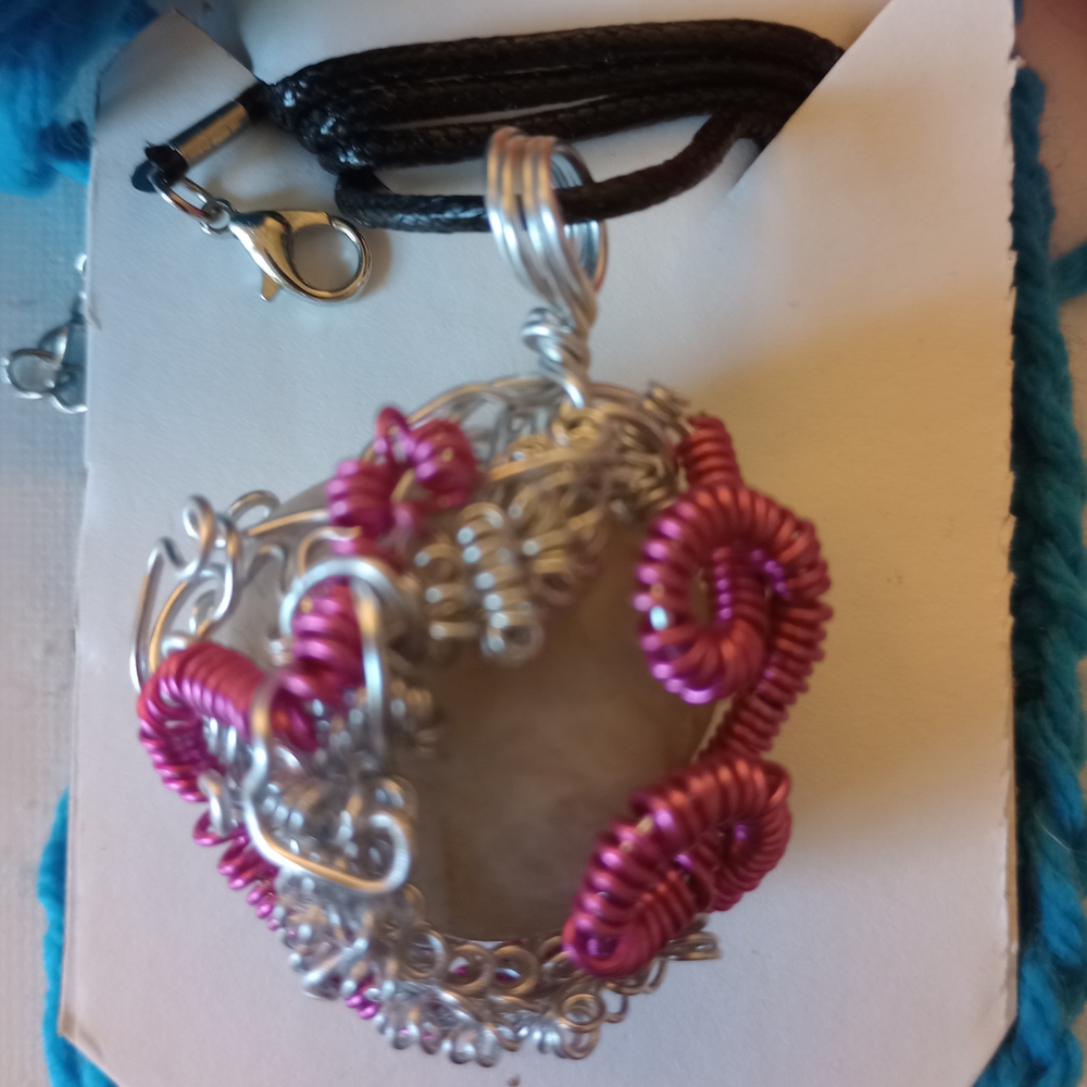 Elegant Silver and Pink Wire Wrapped Pendant Necklace
